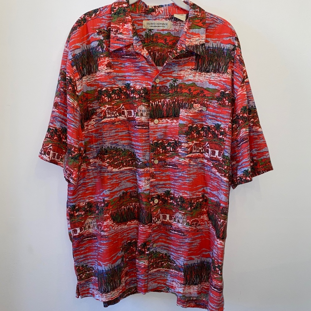 Unique Red Skies Island Print Button Down Shirt